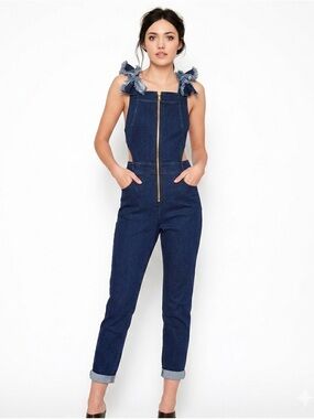 Three Floor Denim Cut-Out Jumpsuit Dark Wash Exposed Gold Zip Size 2/XXS